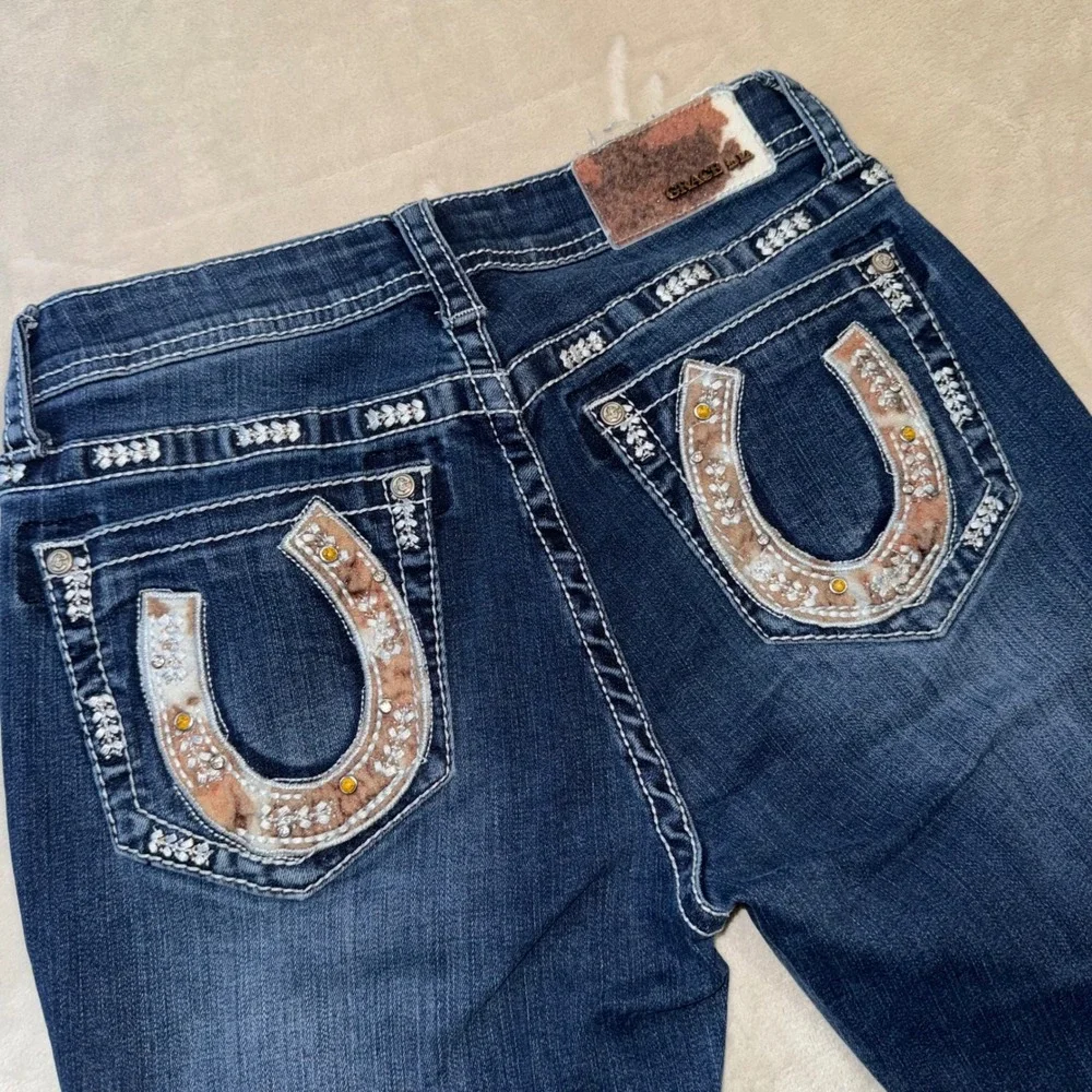 Grace in LA Womens Bootcut Jeans Dark Wash Horseshoe Embellished Size 28 Bling